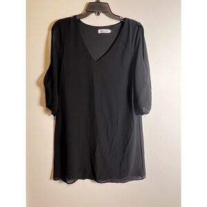 Jusfitsu Black V Neck Sheer Open Sleeve Shift Dress Women's M